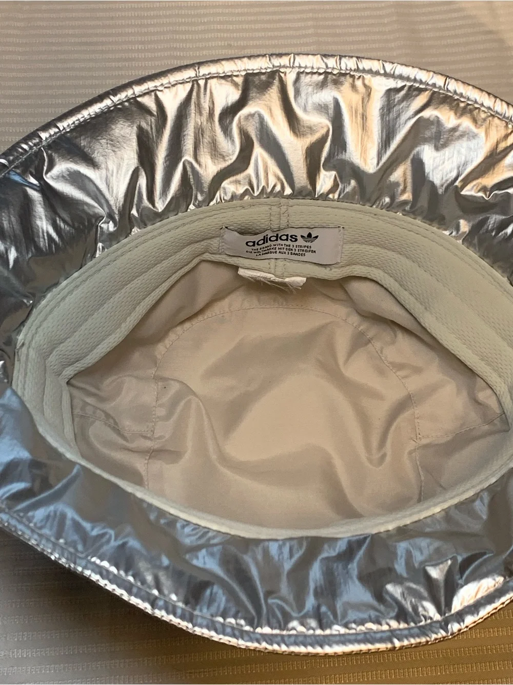 adidas Puffy Satin Bucket Hat in a metallic "Tin Foil" silver finish. EUC - Picture 5 of 8